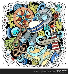 Nautical cartoon vector illustration. Colorful detailed composition with lot of Marine objects and symbols. All items are separate. Nautical cartoon vector illustration.