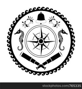 Nautical circle black and white poster. Cartoon style. Compass rose, Bell, telescope, crab, sea horse.. Nautical Marine circle black and white poster. Cartoon style