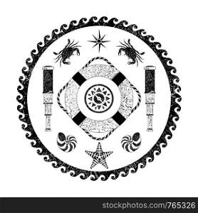Nautical circle black and white poster. Cartoon style with grunge effects. Compass, compass rose, lifebuoy, telescope, crab, shell, starfish. Nautical Marine circle black and white poster. Cartoon style with grunge effects