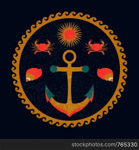 Nautical circle poster. Cartoon style with grunge effects. Anchor, sun, crab, shell. Round frame from waves. Nautical Marine circle children poster. Cartoon style with grunge effects