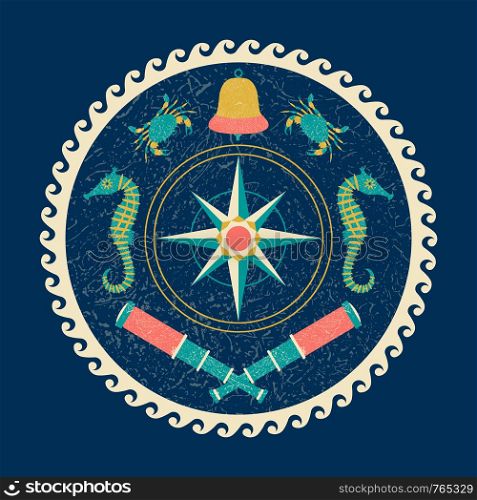 Nautical circle poster. Cartoon style with grunge effects. Compass rose, Bell, telescope, crab, sea horse. Round frame from waves. Nautical Marine circle children poster. Cartoon style with grunge effects