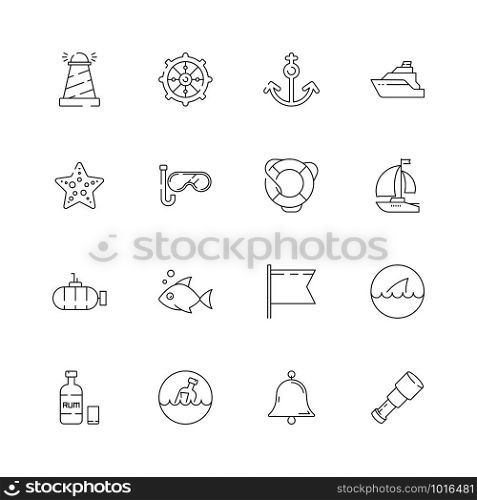 Nautical collection. Marine ocean sea shipping sailing symbols adventure captain cap boat wheel fish vector thin line icon. Ocean and sea boat, travel yacht, submarine and bell illustration. Nautical collection. Marine ocean sea shipping sailing symbols adventure captain cap boat wheel fish vector thin line icon