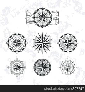 Nautical compass. Marine wind rose for maps. Vintage style vector illustrations. Set of compass nautical for map design navigation. Nautical compass. Marine wind rose for maps. Vintage style vector illustrations