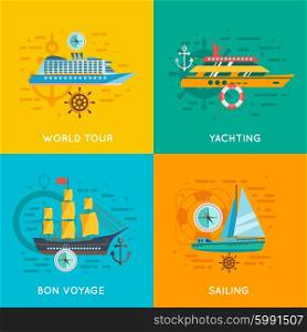 Nautical concept 4 flat icons square. Ocean liner world cruise and yacht club sailing 4 flat icons square banner abstract isolated vector illustration