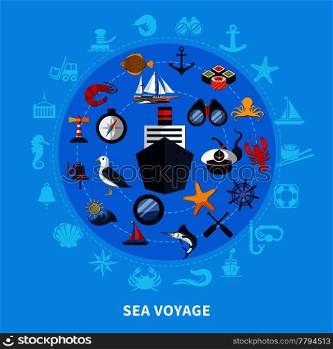 Nautical concept with ship seagull and compass on blue background flat vector illustration. Nautical Concept Illustration