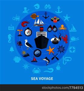 Nautical concept with ship seagull and compass on blue background flat vector illustration. Nautical Concept Illustration