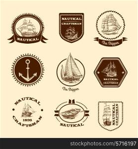 Nautical craftsman skipper emblem set with sketch sailing clipper ships and yachts vector illustration.