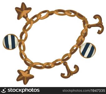 Nautical decorative elements on gold chain bracelet with stars and anchors. Isolated jewelry or bijouterie for women, elegant stylish accessories. Wristband fashionable decor. Vector in flat style. Chain bracelet of gold with nautical elements