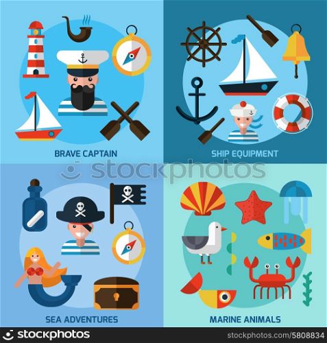 Nautical design concept set with captain ship equipment marine animals flat icons isolated vector illustration. Nautical Icons Set