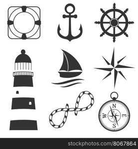 Nautical design elements lighthouse, anchor, steering wheel, life buoy, the wind rose, compass, ship. Can be used for logo, textile, banner poster scrapbooking and other design