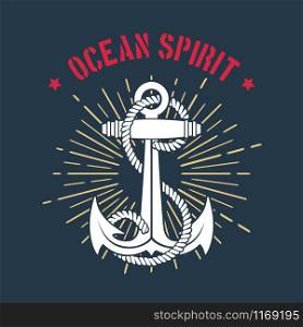 Nautical Emblem of Anchor and ropes classic retro template with wording Ocean Spirit. Vector illustration.