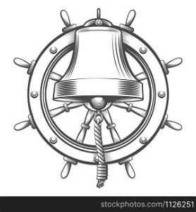 Nautical Emblem With Ship Bell and Steering wheel in engraving style. Vector illustration.