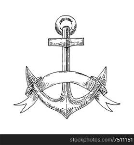 Nautical emblem with sketch of admiralty anchor, adorned by elegant ribbon that wrapped around flukes. Addition to marine, travel, adventure or heraldry design. Sketch vector. Nautical admiralty anchor with ribbon sketch