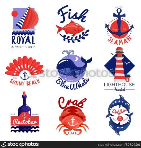 Nautical Emblems Set. Set of nautical emblems for cafe, club, hostel with calligraphic letterings, anchor, sea animals isolated vector illustration