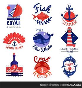 Nautical Emblems Set. Set of nautical emblems for cafe, club, hostel with calligraphic letterings, anchor, sea animals isolated vector illustration