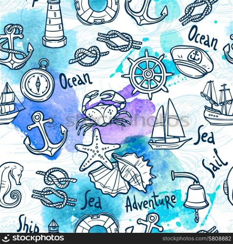 Nautical equipment and sail ship vacation sketch seamless pattern vector illustration. Nautical Seamless Pattern