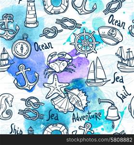 Nautical equipment and sail ship vacation sketch seamless pattern vector illustration. Nautical Seamless Pattern