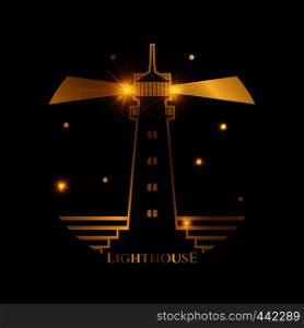 Nautical golden shiny lighthouse logo and label on black. Vector illustration. Nautical lighthouse logo