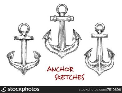 Nautical heraldic sketch icons of vintage decorative marine anchors. May be use as navy emblem or tattoo design