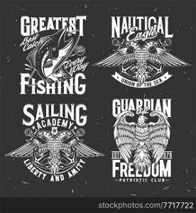 Nautical heraldry, anchor and eagle, fishing club marine emblems. Heraldic badges of fishing club with fish on hook, sea and ocean nautical union signs with two headed eagle with patriotic slogan. Nautical heraldic icons, anchor, eagle and fishing