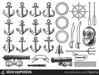 Nautical heraldry constructor icons, ship anchor, helm and chain. Vector isolated nautical heraldic construction symbols of aqualung, frigate cannon and trident, pirate saber swords and captain bell. Marine nautical heraldry constructor icons
