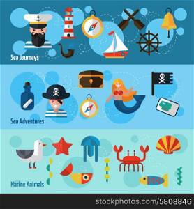 Nautical horizontal banners set with sea adventures and marine animals elements isolated vector illustration. Nautical Banners Set