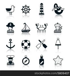 Nautical icons black set with seagull wheel lighthouse marmaid isolated vector illustration. Nautical Icons Black