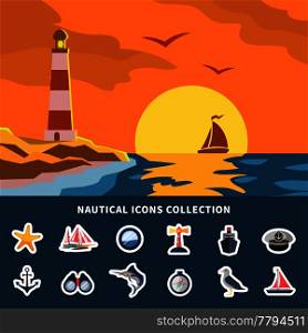 Nautical icons collection with yacht sunset and lighthouse flat vector illustration. Nautical Icons Collection