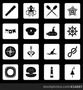 Nautical icons set in white squares on black background simple style vector illustration. Nautical icons set squares vector