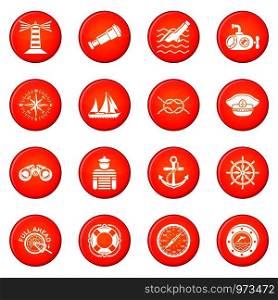 Nautical icons set vector red circle isolated on white background . Nautical icons set red vector