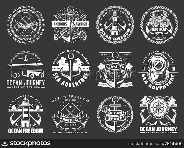 Nautical icons with sea ship anchors, chains and ropes of marine travel or journey. Vector sail boats, sailor compass roses, lighthouses and diver helmet, naval cannon, swords and crab, naval heraldry. Nautical icons with sea anchors, chains and ropes
