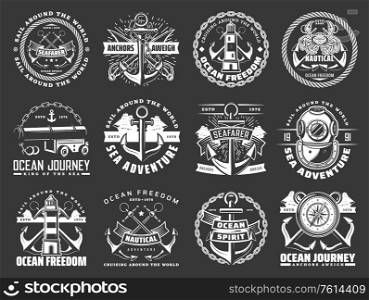 Nautical icons with sea ship anchors, chains and ropes of marine travel or journey. Vector sail boats, sailor compass roses, lighthouses and diver helmet, naval cannon, swords and crab, naval heraldry. Nautical icons with sea anchors, chains and ropes
