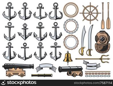 Nautical icons with vector sea ship anchors, ropes and chains, sail boat helm, bell and vintage diver helmet, old naval cannon, paddles, trident and ribbon banners. Marine heraldic symbols design. Nautical anchors, helm, ropes, chains and cannon