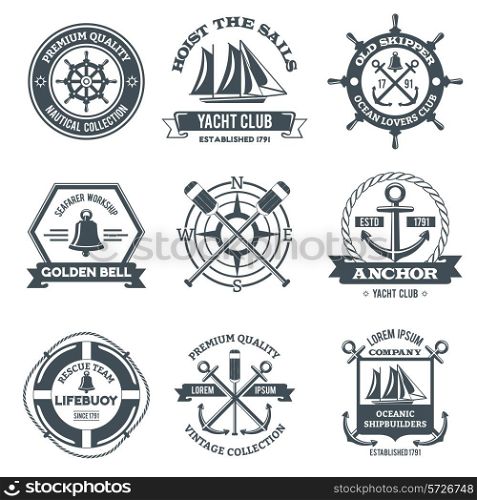 Nautical label sea and ocean yacht journey black emblems set isolated vector illustration