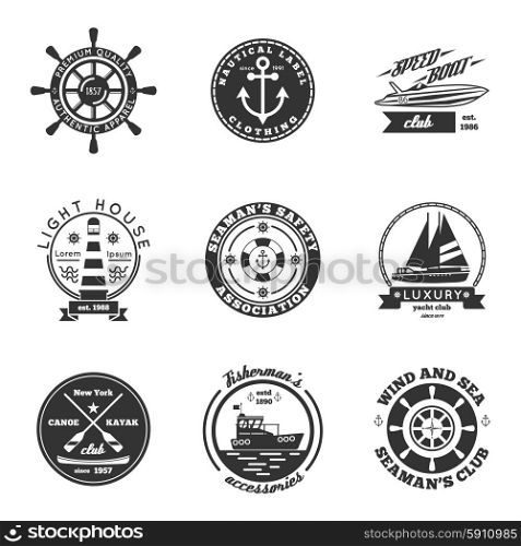 Nautical Labels Set. Nautical black white labels set with speed boat yacht and canoeing clubs flat isolated vector illustration