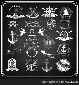 Nautical labels set. Vintage design elements on black chalkboard background. Design element in vector