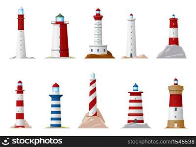 Nautical lighthouse and sea navigation beacon isolated icons. Vector lighthouse towers on ocean coast or marine shore with searchlight lamps and balustrade fence, nautical navigation equipment symbols. Nautical lighthouse and navigation beacon icons