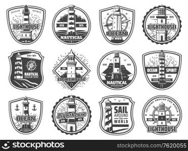 Nautical lighthouse icons, seafarer marine safety sailing adventure badges. Vector sea beacon with light beams, seagulls and anchor, compass navigator and frigate ship. Nautical marine lighthouse, sea adventure icons