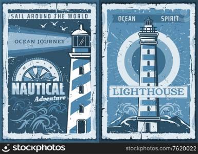 Nautical lighthouse vintage poster of seafarer marine safety sailing adventure. Vector retro ocean or sea beacon on shore with light beams and seagulls in blue waves. Nautical marine lighthouse retro posters