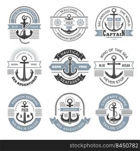 Nautical logo. Marine labels with anchors symbols for ocean exploration business identity set recent vector templates for world wide travellers. Sea marine logo illustration. Nautical logo. Marine labels with anchors symbols for ocean exploration business identity set recent vector templates for world wide travellers