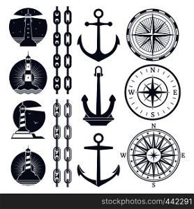 Nautical logos and elements set - compass lighthouses anchor chains. Vector illustration. Nautical logos and elements set - compass lighthouses anchor chains