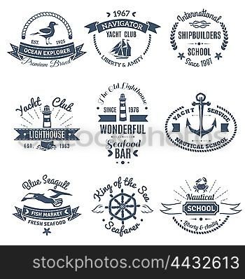 Nautical Marine Labels And Logos. Monochrome nautical marine labels and logos of shipbuilders school yacht club ocean explorer isolated vector illustration