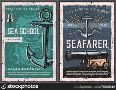 Nautical marine vintage retro vector posters. Sea school of captains and seafarers, aqualung diving club and navy forces, nautical symbols of ship anchor and bell, trident and frigate cannon weapon. Sea school, marine nautical vintage posters
