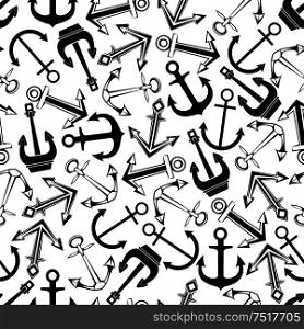 Nautical navigation and anchorage devices seamless background with black and white pattern of retro admiralty and naval stockless anchors. Use as marine adventure, sailing sport or sea travel design . Black and white seamless pattern of navy anchors