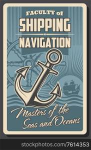 Nautical navigation helm, anchor and sea ship vector design. Sailboat or sailing ship, old wooden steering wheel and anchor with ocean waves vintage poster of marine journey, ocean cruise and yachting. Sea ship helm and anchor. Nautical navigation