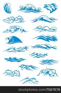 Nautical or marine themed set of blue breaking ocean waves in different design elements, vector illustration on white