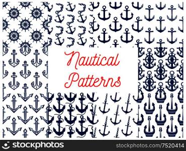 Nautical patterns set with anchor vector icons. Vector seamless pattern of navy blue ship vessel anchor on chain and steering wheel element. Nautical patterns set with anchor vector icons