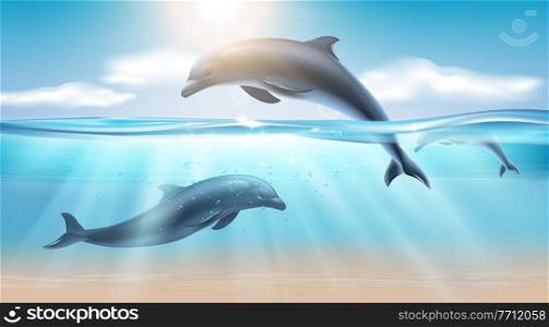 Nautical realistic background with jumping dolphin in sea water illuminated by sunlight vector illustration. Jumping Dolphin Realistic Background