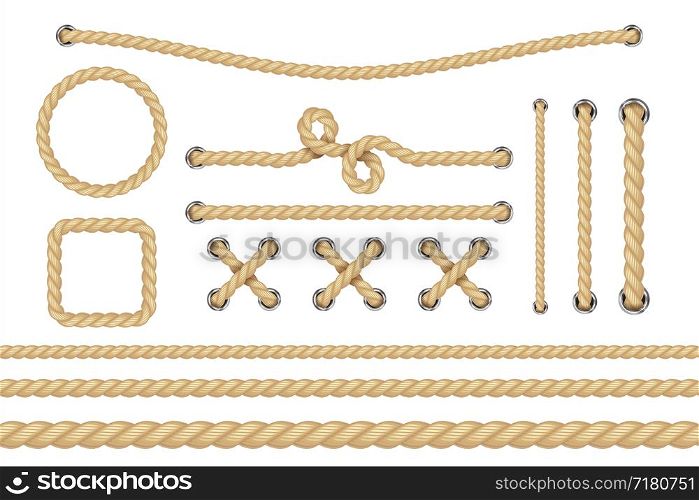 Nautical rope. Round and square rope frames, cord borders. Sailing vector decoration elements. Rope marine, nautical border, cord round, string knot twisted illustration. Nautical rope. Round and square rope frames, cord borders. Sailing vector decoration elements