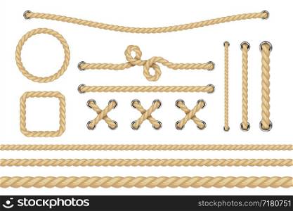 Nautical rope. Round and square rope frames, cord borders. Sailing vector decoration elements. Rope marine, nautical border, cord round, string knot twisted illustration. Nautical rope. Round and square rope frames, cord borders. Sailing vector decoration elements